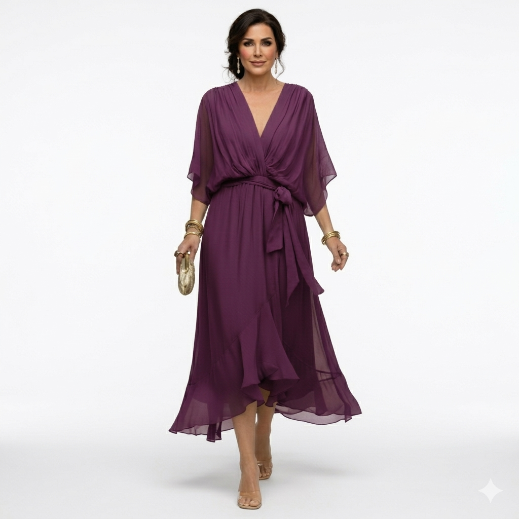 Zagda | Chiffon V-Neck Tie Waist Midi Dress
