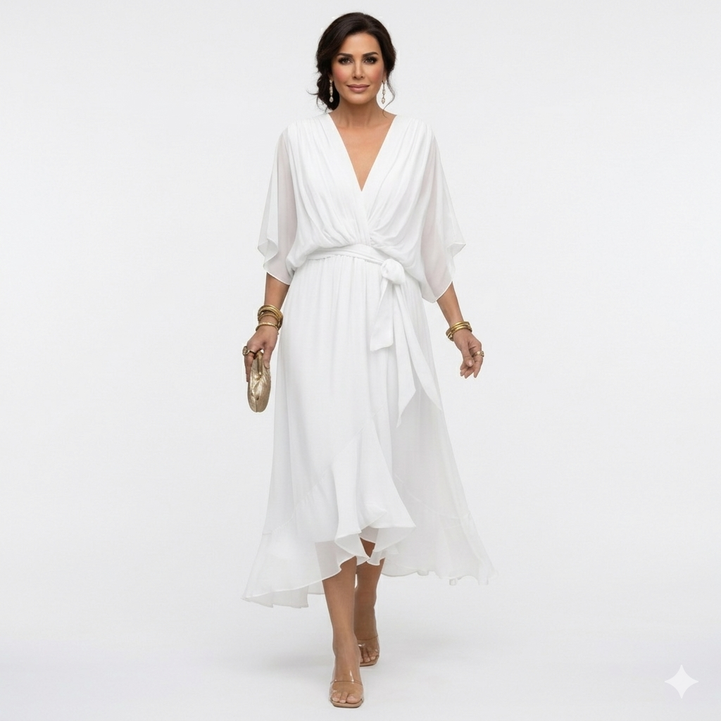 Zagda | Chiffon V-Neck Tie Waist Midi Dress