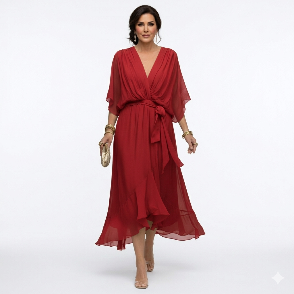 Zagda | Chiffon V-Neck Tie Waist Midi Dress