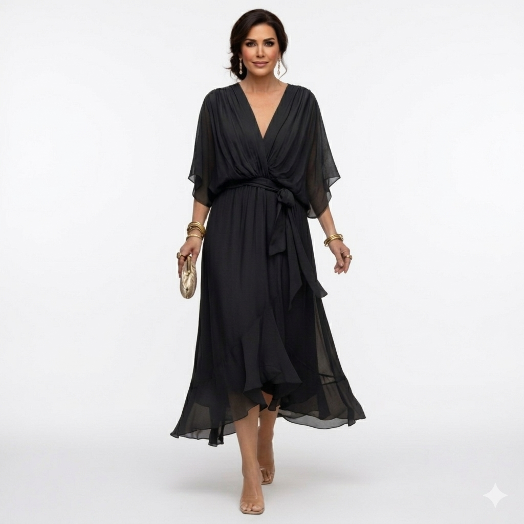 Zagda | Chiffon V-Neck Tie Waist Midi Dress