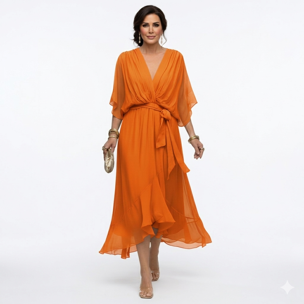 Zagda | Chiffon V-Neck Tie Waist Midi Dress