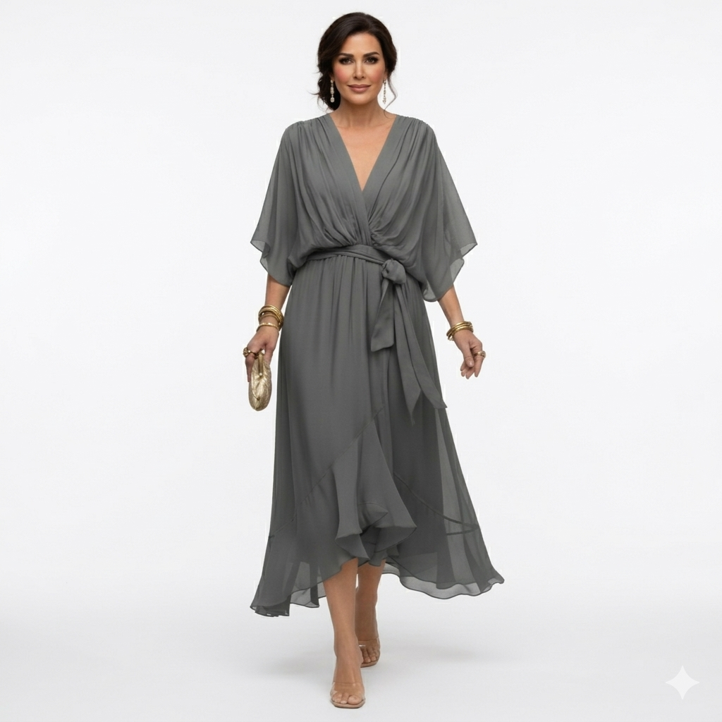 Zagda | Chiffon V-Neck Tie Waist Midi Dress