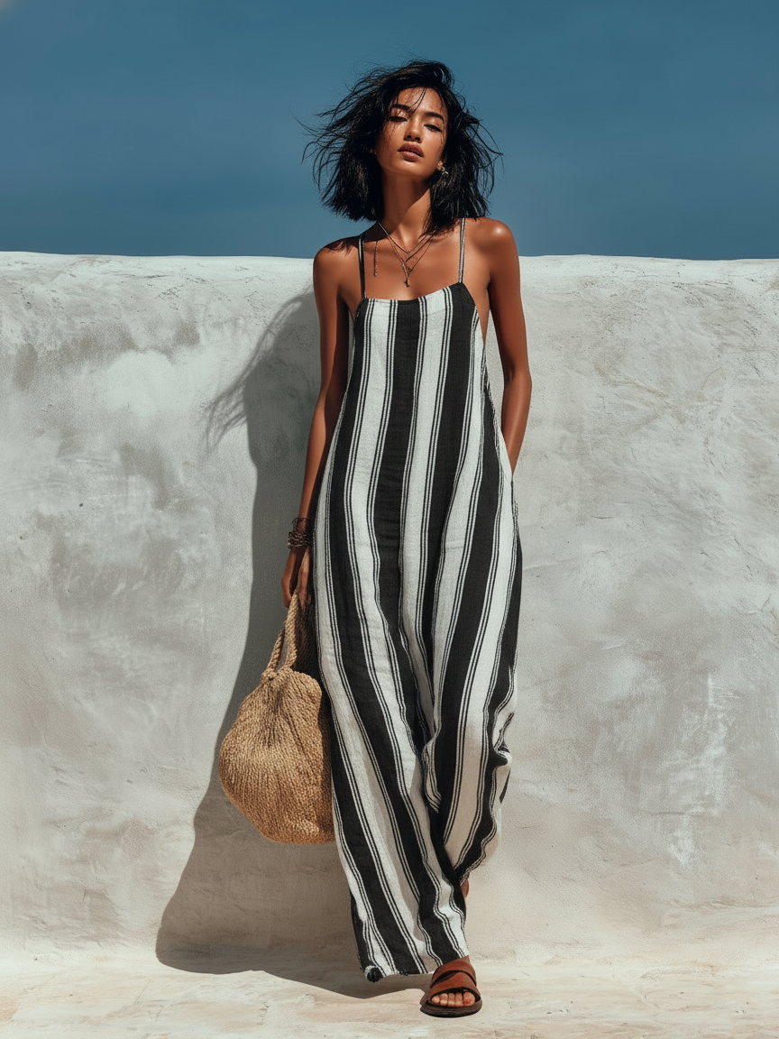 Lyliana - Striped Wide Leg Sleeveless Jumpsuit