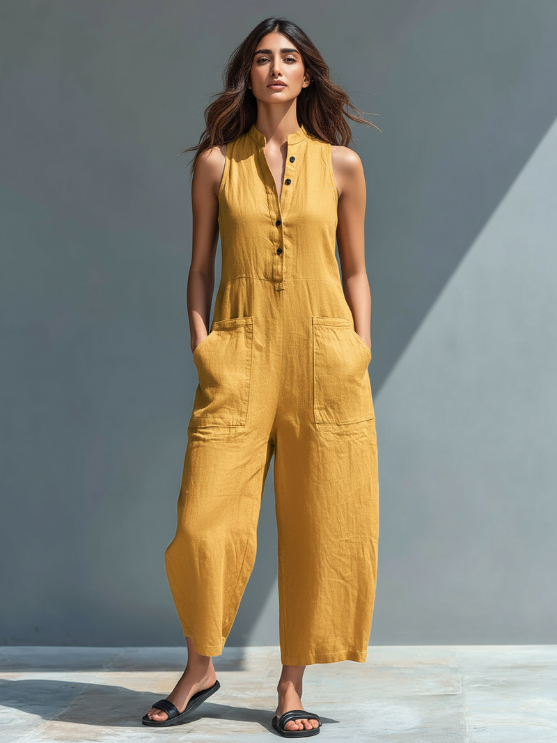 Darja | Sleeveless Wide Leg Button Jumpsuit