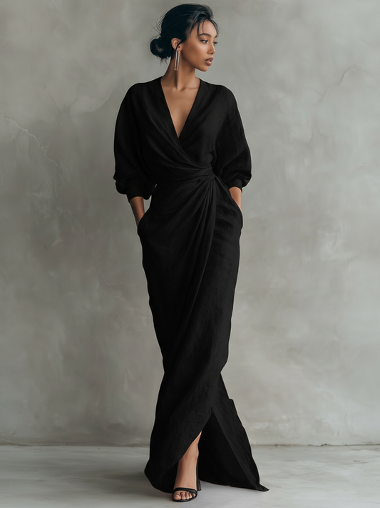 Konika - V Neck Long Sleeve Maxi Dress
