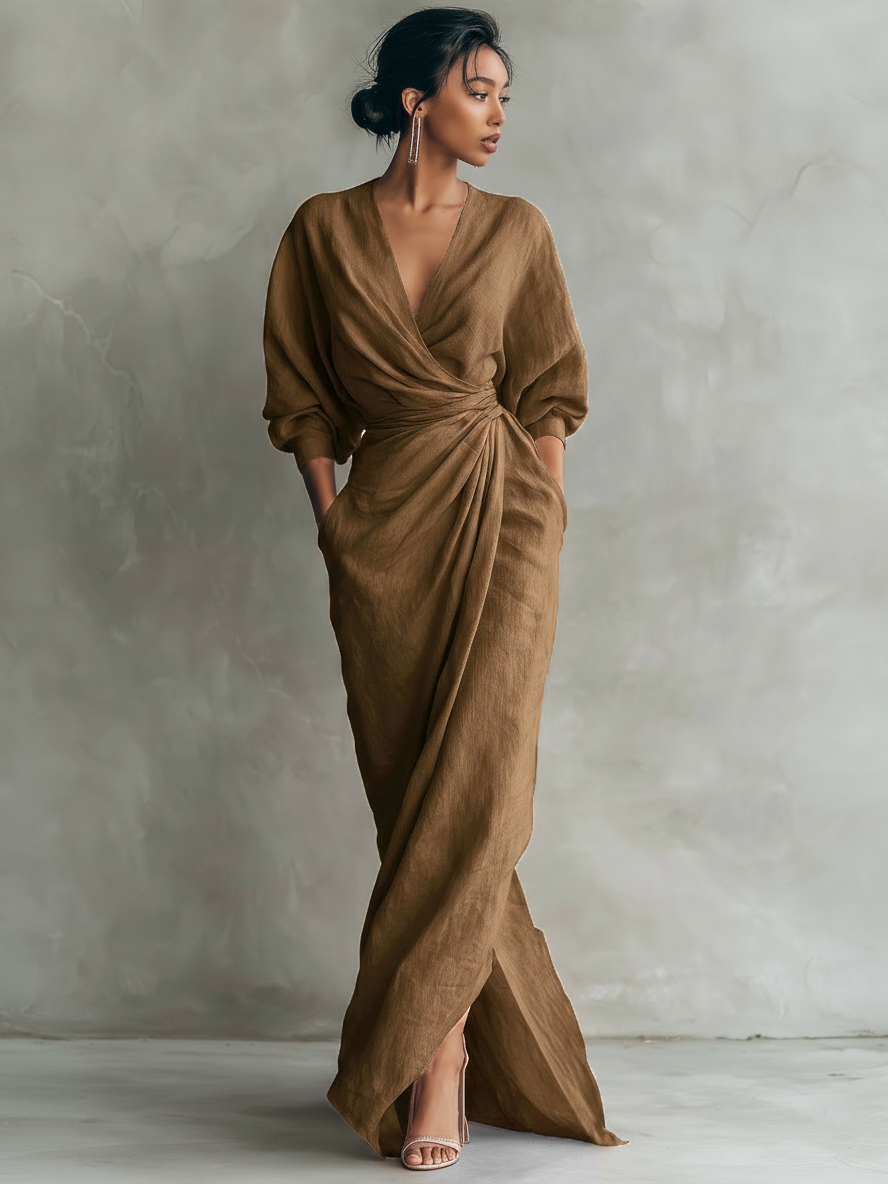 Konika - V Neck Long Sleeve Maxi Dress