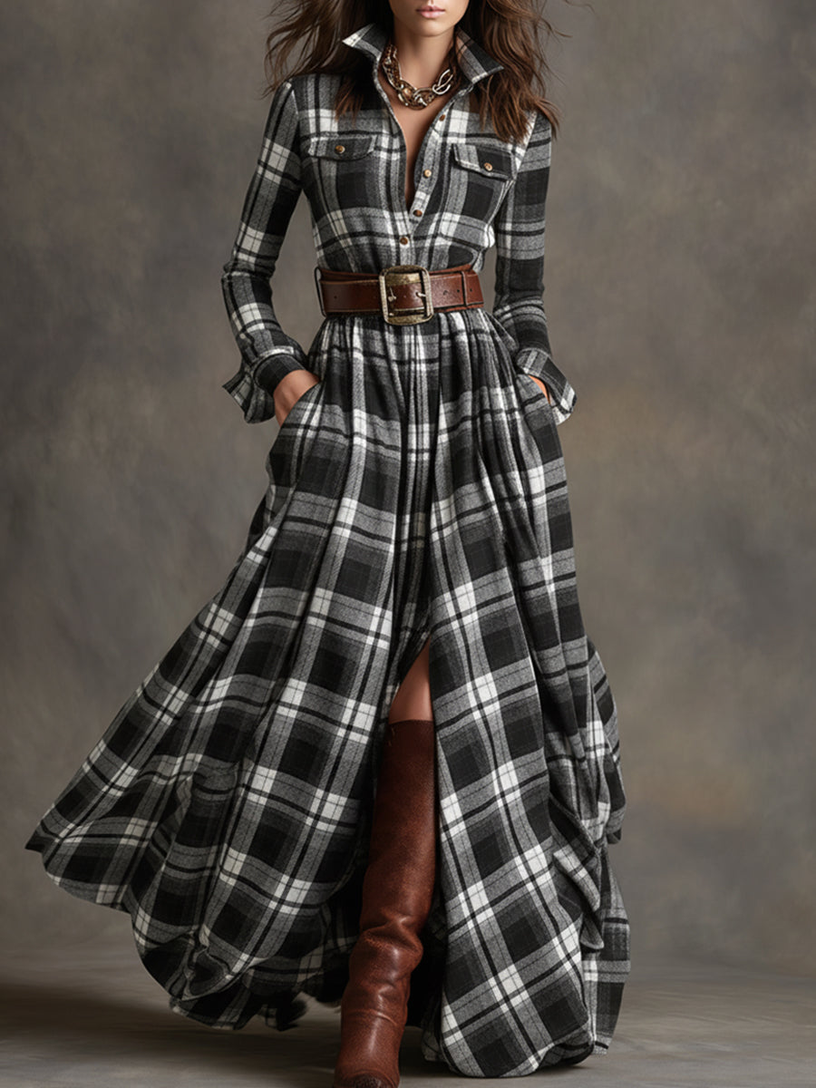 Hadasa | Plaid Collared Long Sleeve Maxi Dress