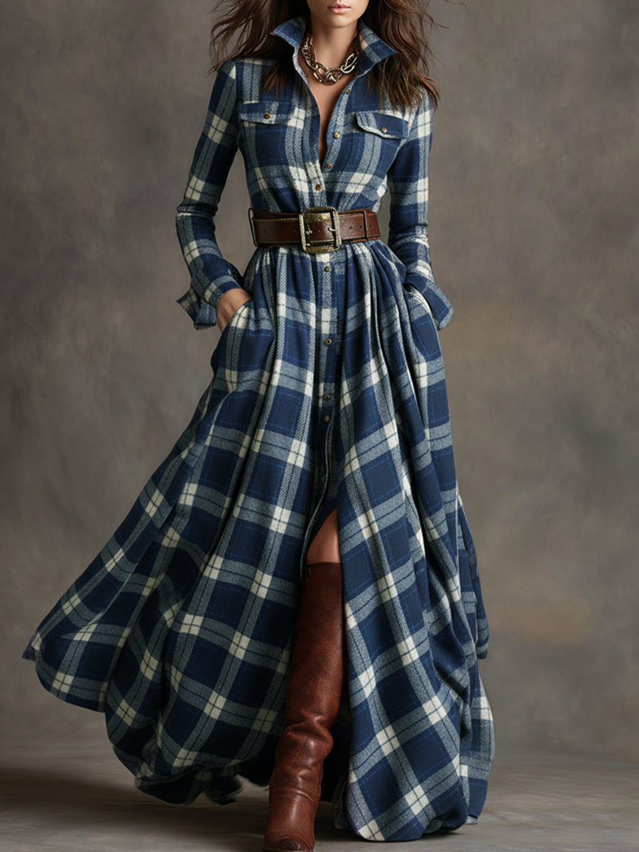 Hadasa | Plaid Collared Long Sleeve Maxi Dress
