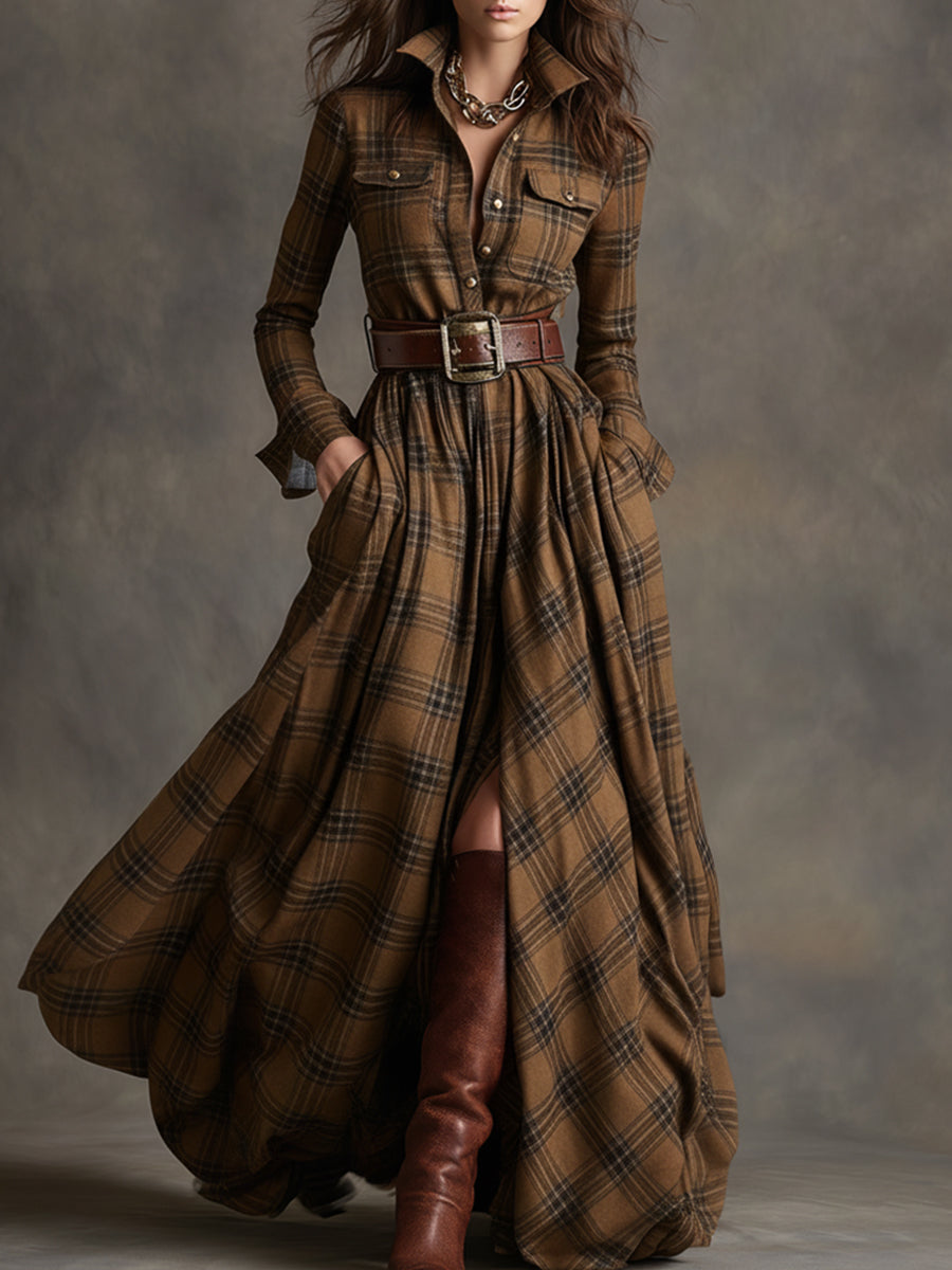 Hadasa | Plaid Collared Long Sleeve Maxi Dress