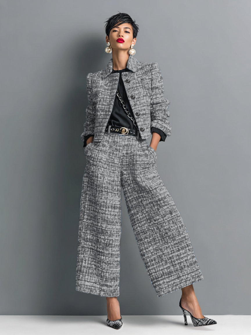 Aderet | Tweed Cropped Jacket Wide Leg Set