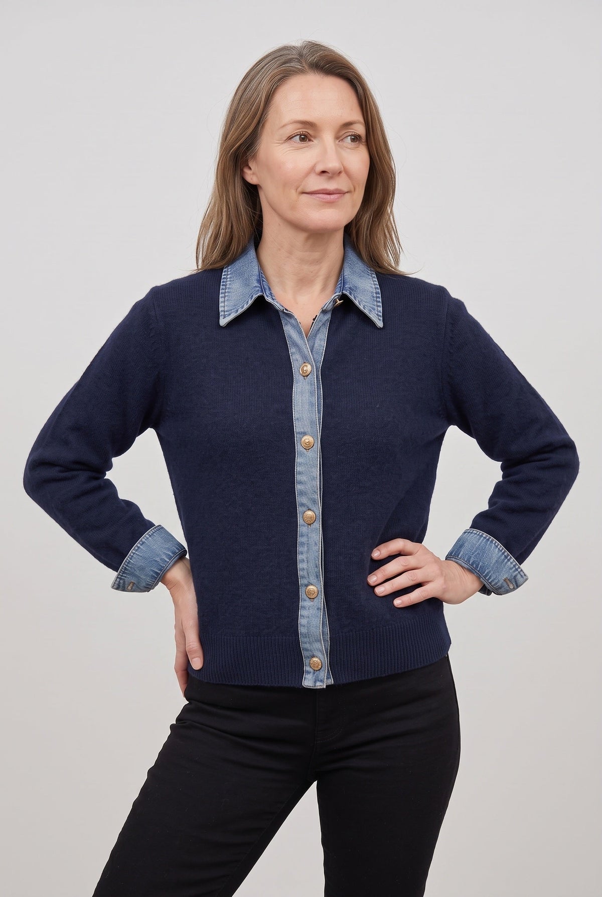Renee | Cardigan With Denim Style Collar and Cuffs