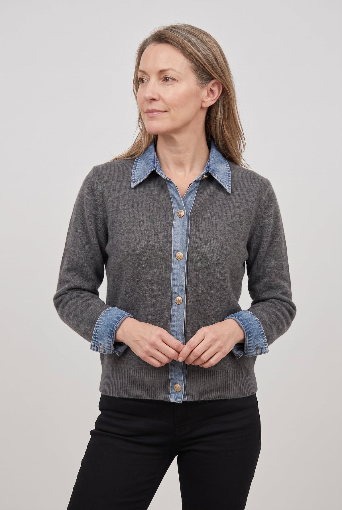 Renee | Cardigan With Denim Style Collar and Cuffs