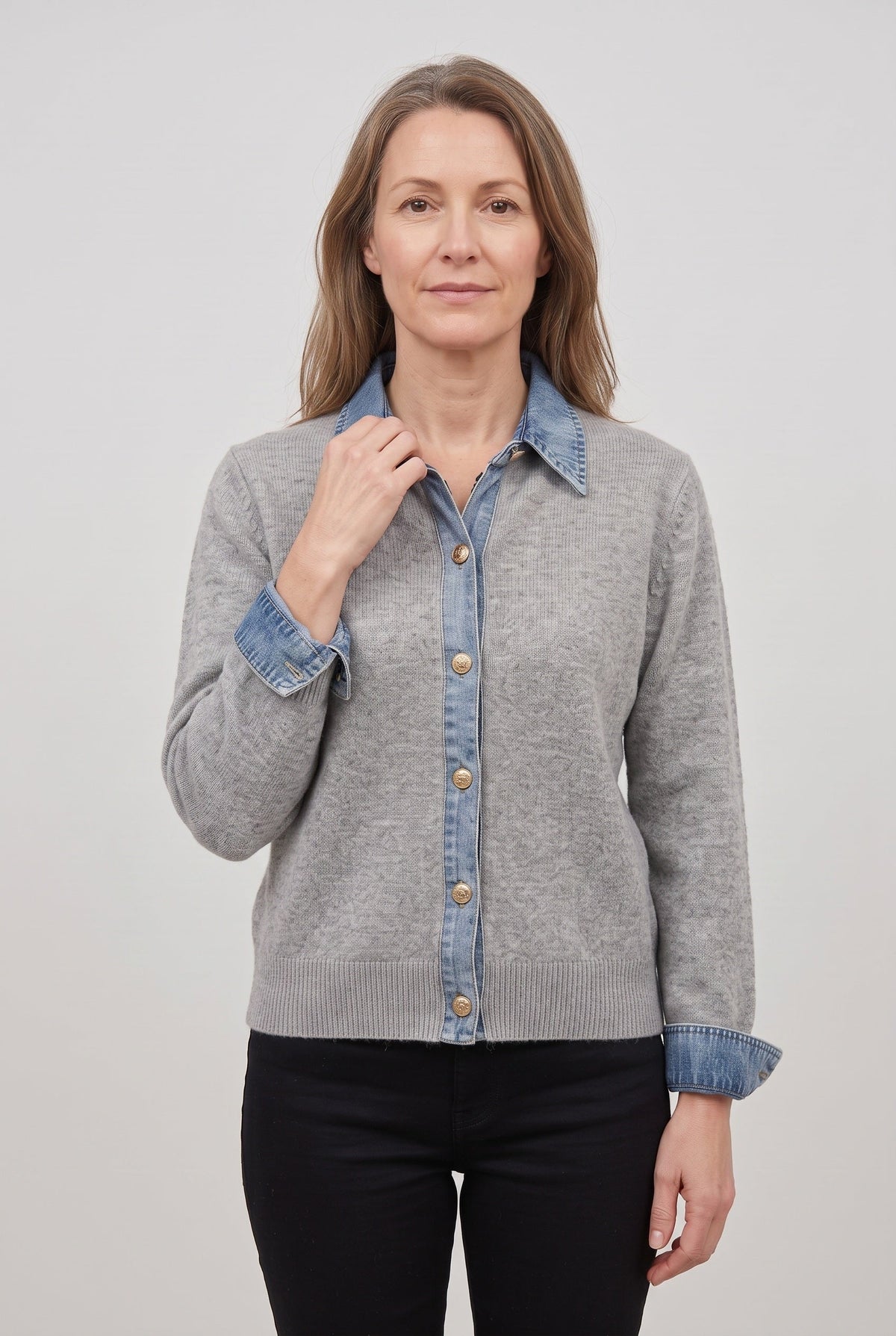 Renee | Cardigan With Denim Style Collar and Cuffs