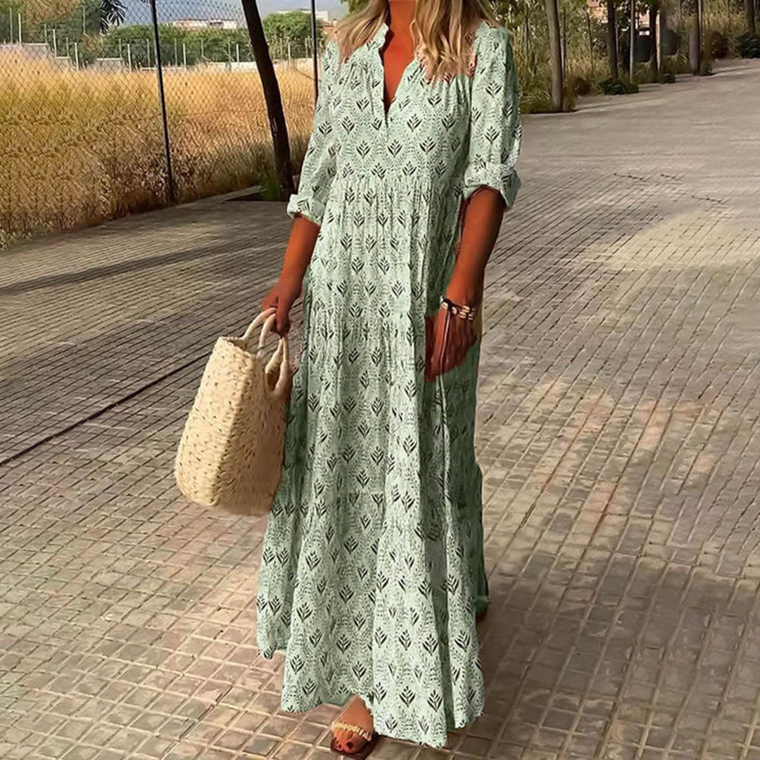 Kadence | Printed V-Neck Maxi Smock Dress