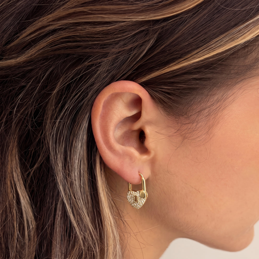 Koolen | Gold Heart Lock Hoop Earrings