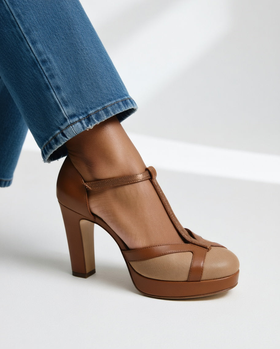Delfinna | Platform Block Heel T Strap Pumps