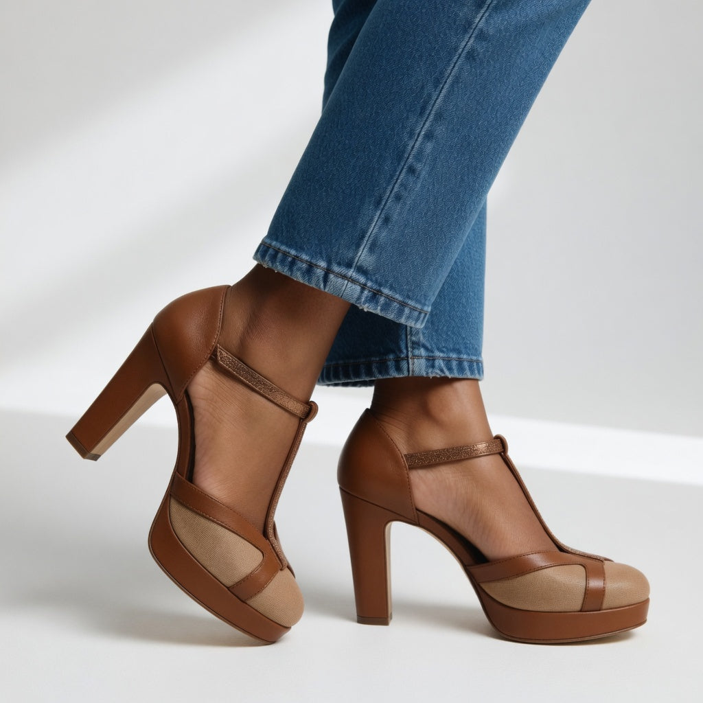 Delfinna | Platform Block Heel T Strap Pumps