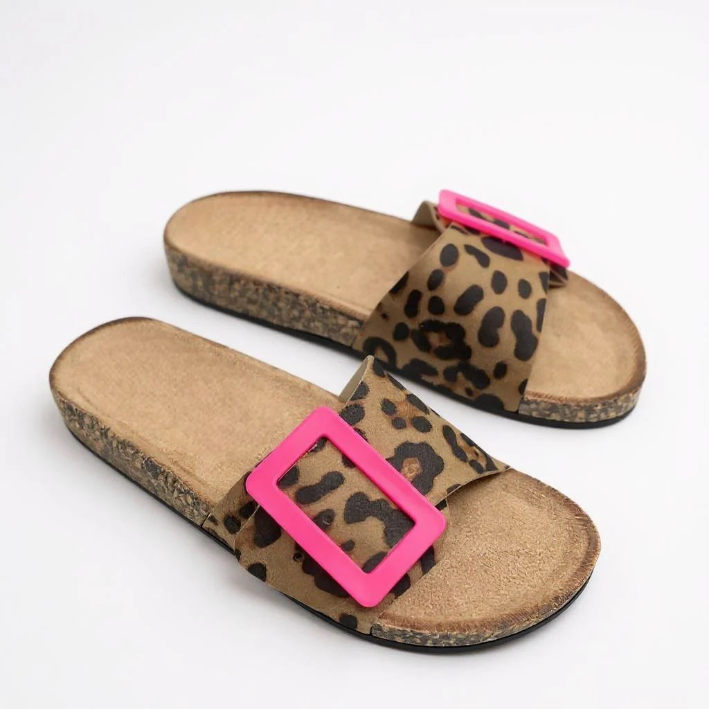 Nihya - Leopard Print Buckle Strap Slide Sandals