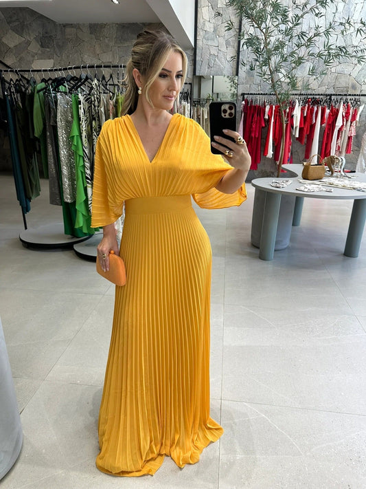 Valerija - Pleated V Neck Maxi Dress Short Sleeve