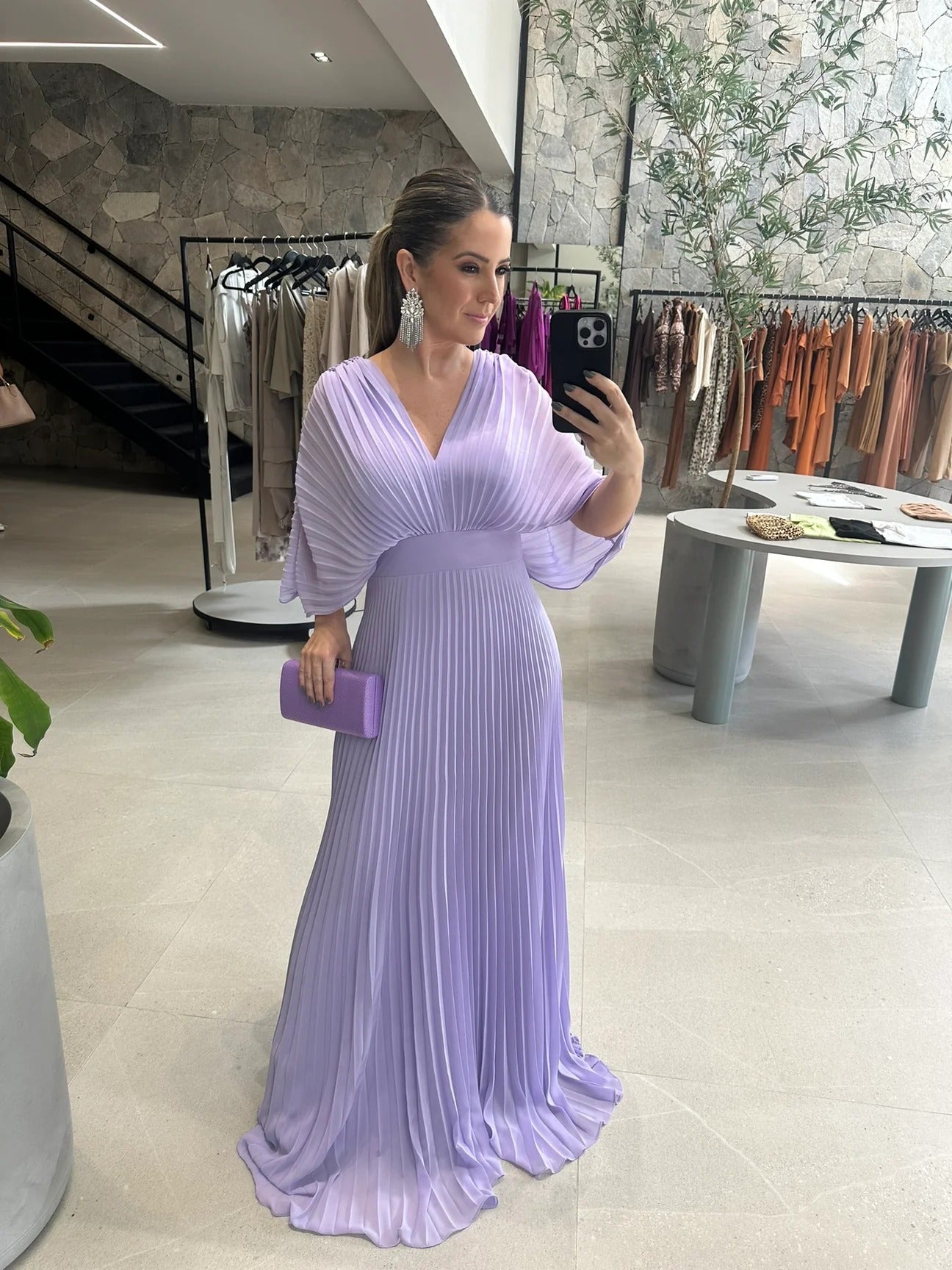 Valerija - Pleated V Neck Maxi Dress Short Sleeve