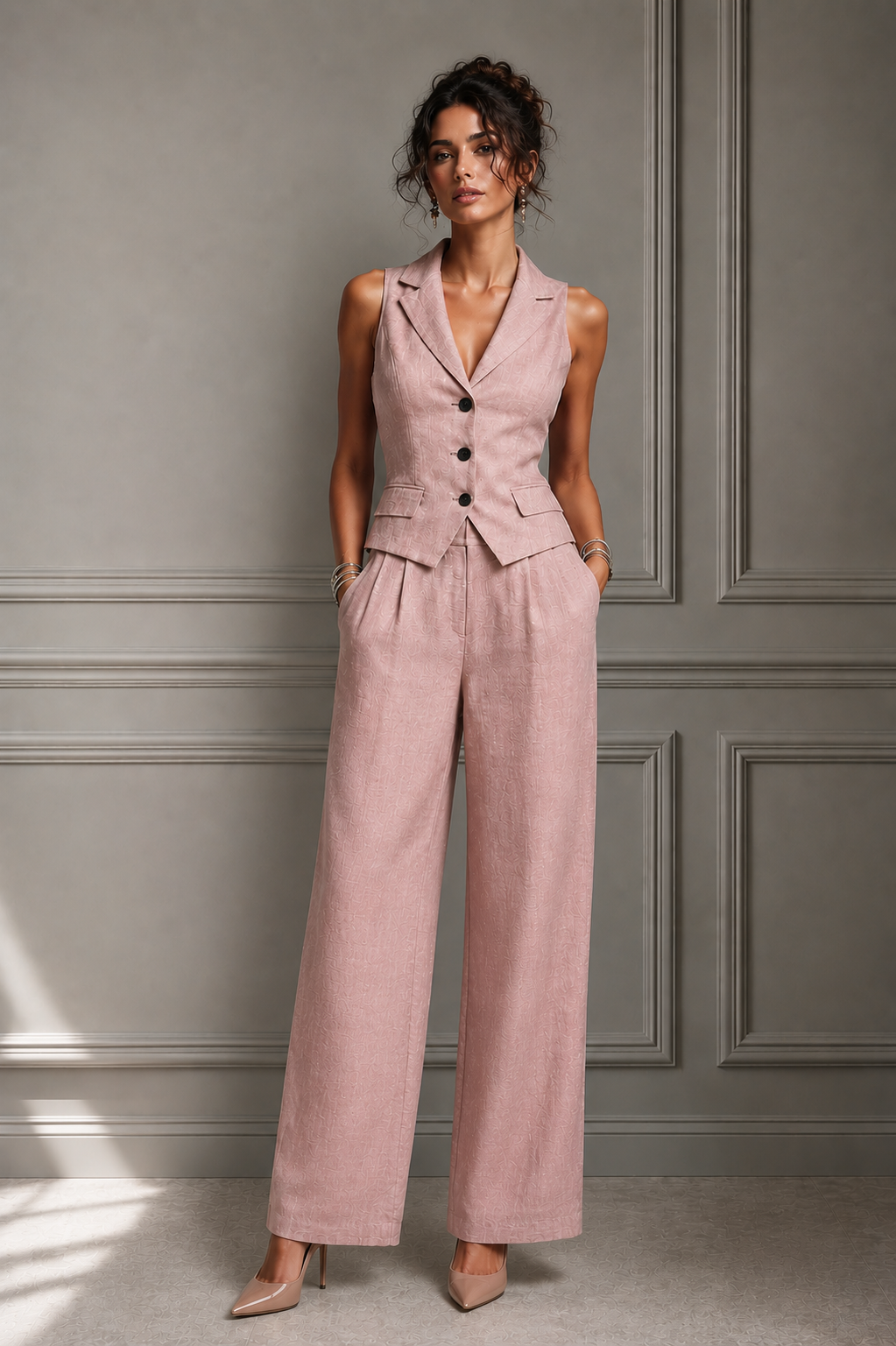 Jileena - Sleeveless Button Front Wide Leg Jumpsuit