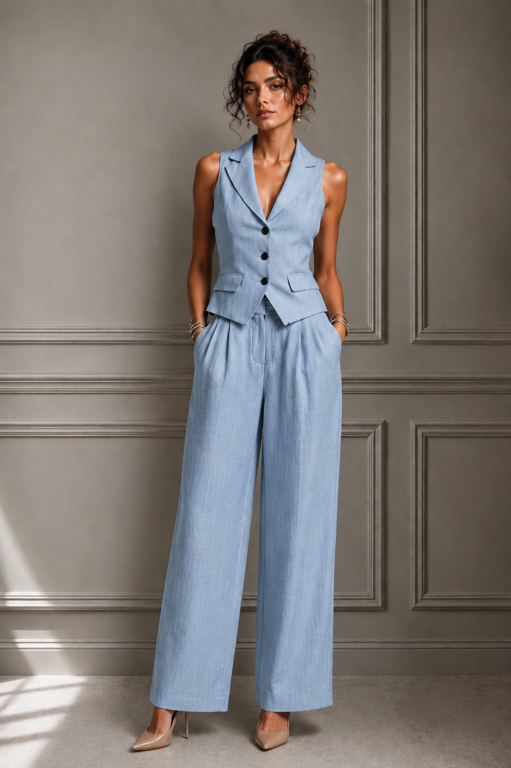 Jileena - Sleeveless Button Front Wide Leg Jumpsuit