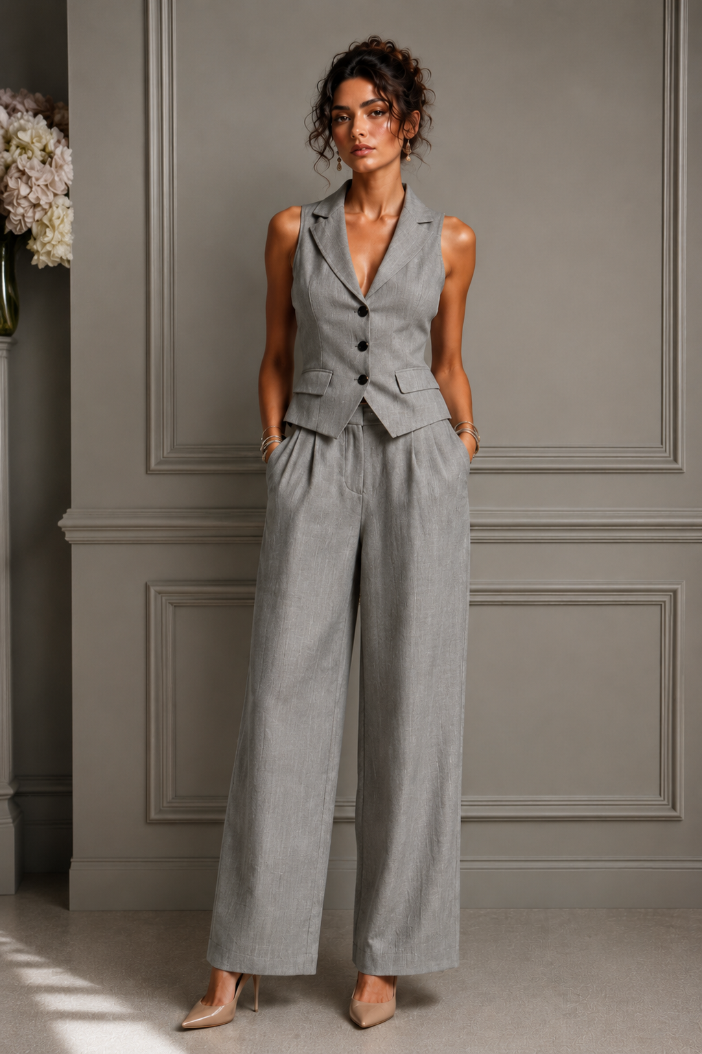 Jileena - Sleeveless Button Front Wide Leg Jumpsuit