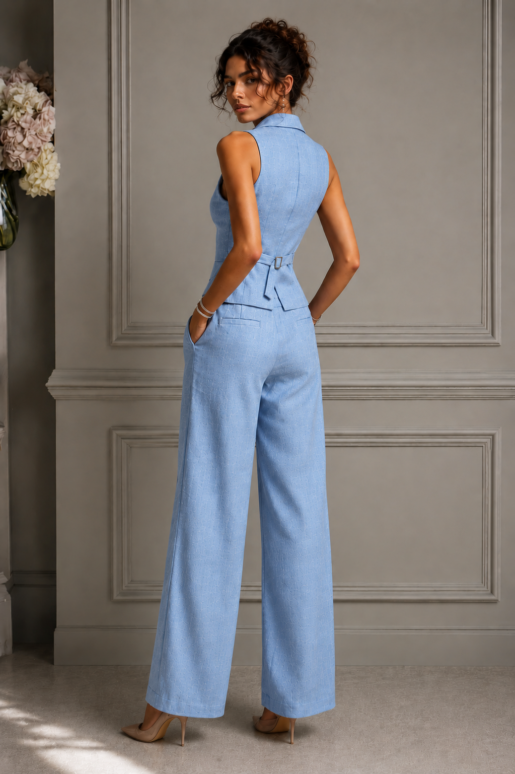Jileena - Sleeveless Button Front Wide Leg Jumpsuit