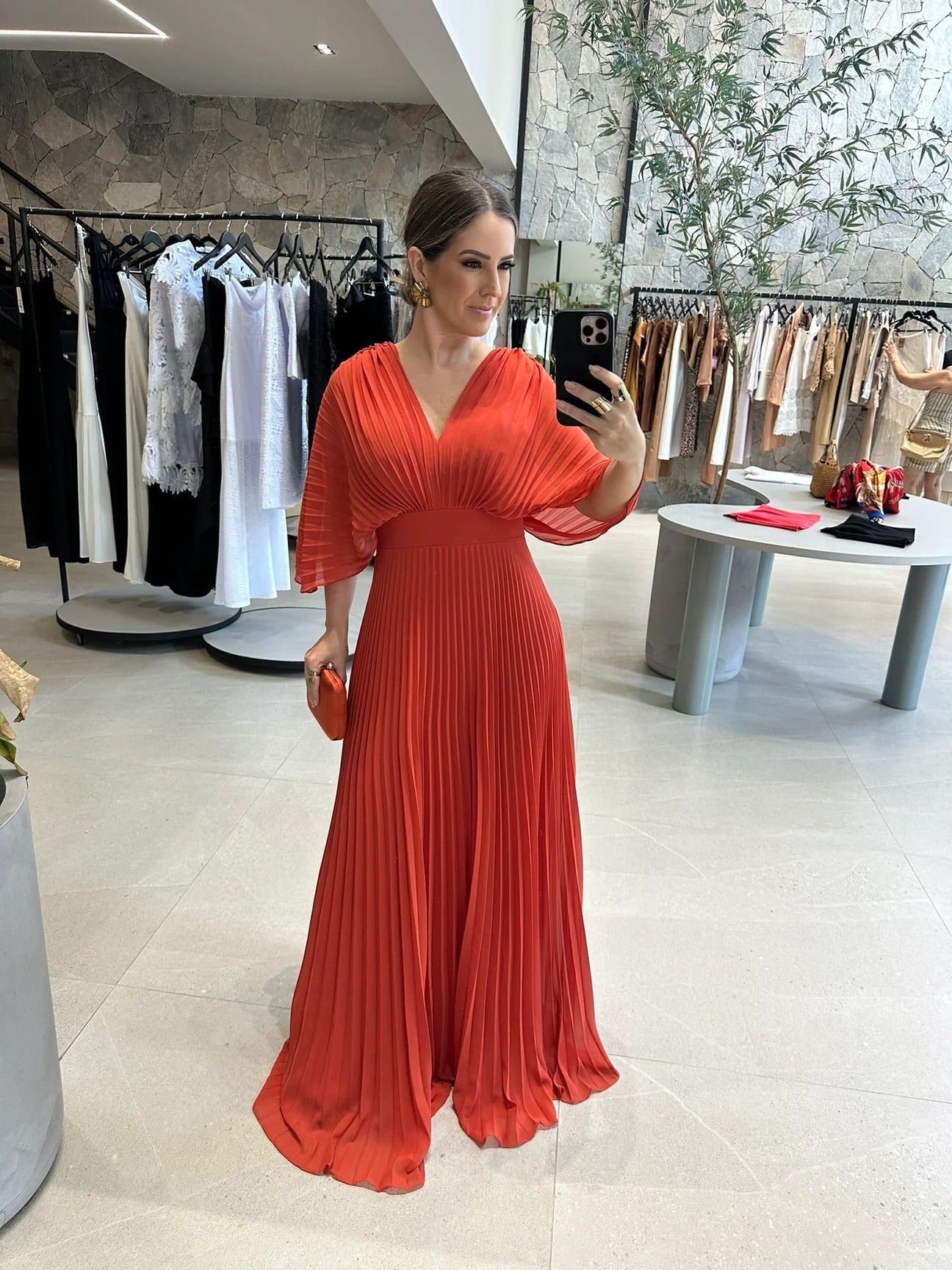 Valerija - Pleated V Neck Maxi Dress Short Sleeve