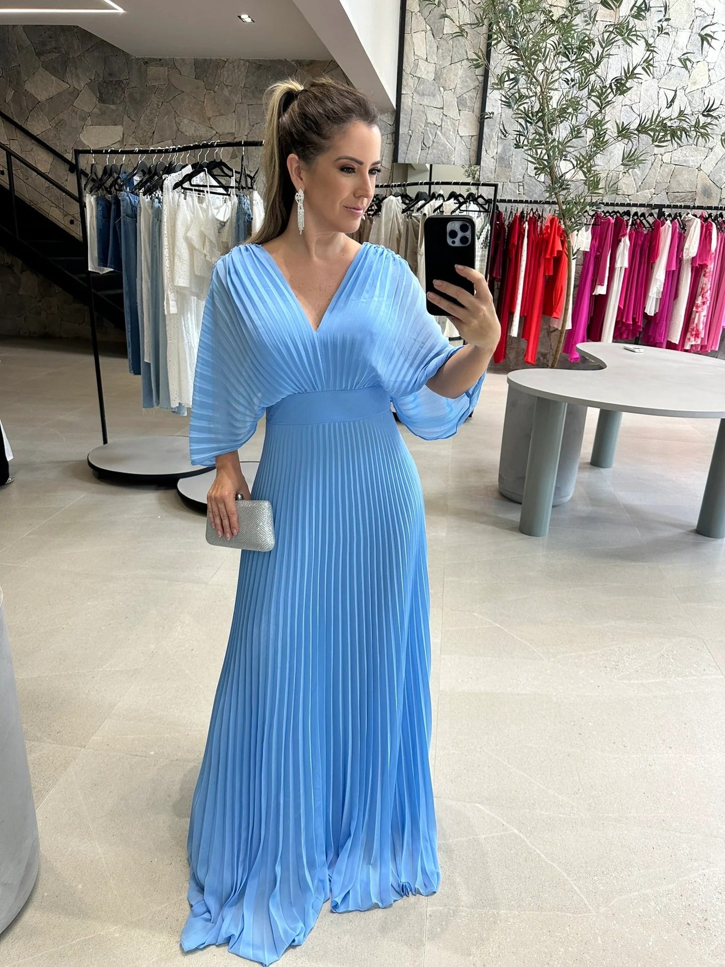 Valerija - Pleated V Neck Maxi Dress Short Sleeve