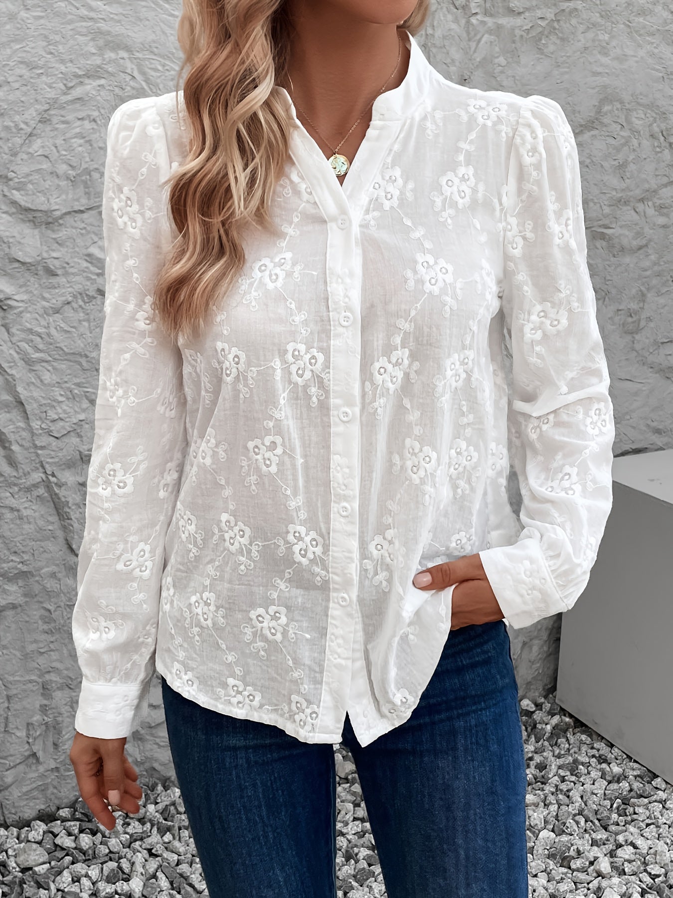 Verilou | Shirt Long-Sleeve Floral Embroidery Button Front