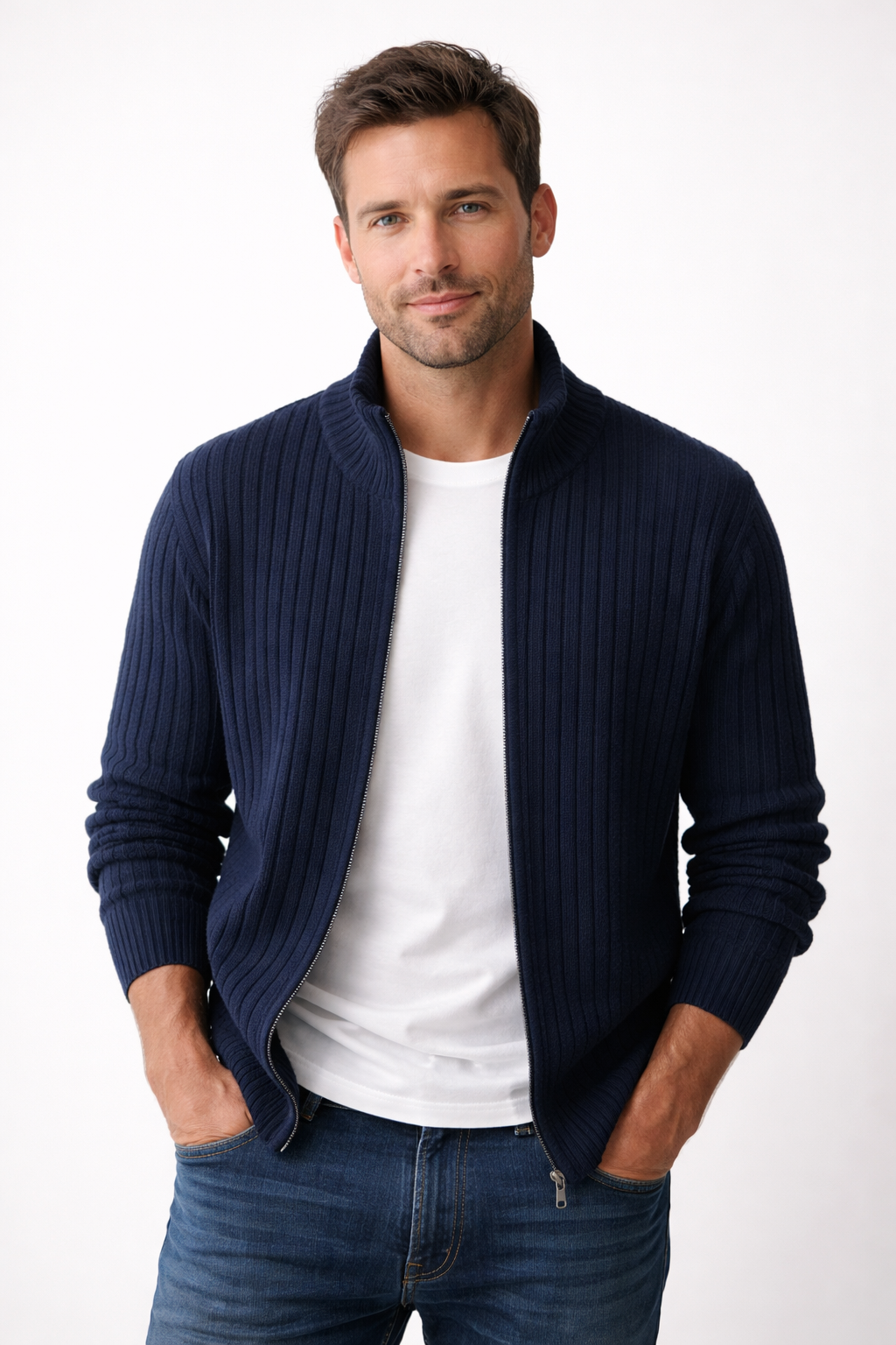 Danial | Cardigan with Ribbed Knit and Stand Collar