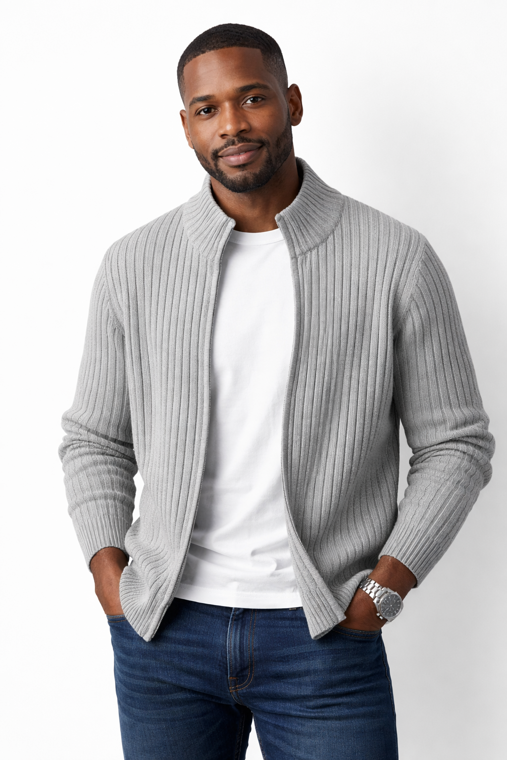 Danial | Cardigan with Ribbed Knit and Stand Collar