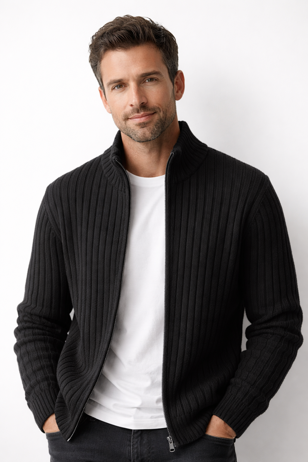 Danial | Cardigan with Ribbed Knit and Stand Collar