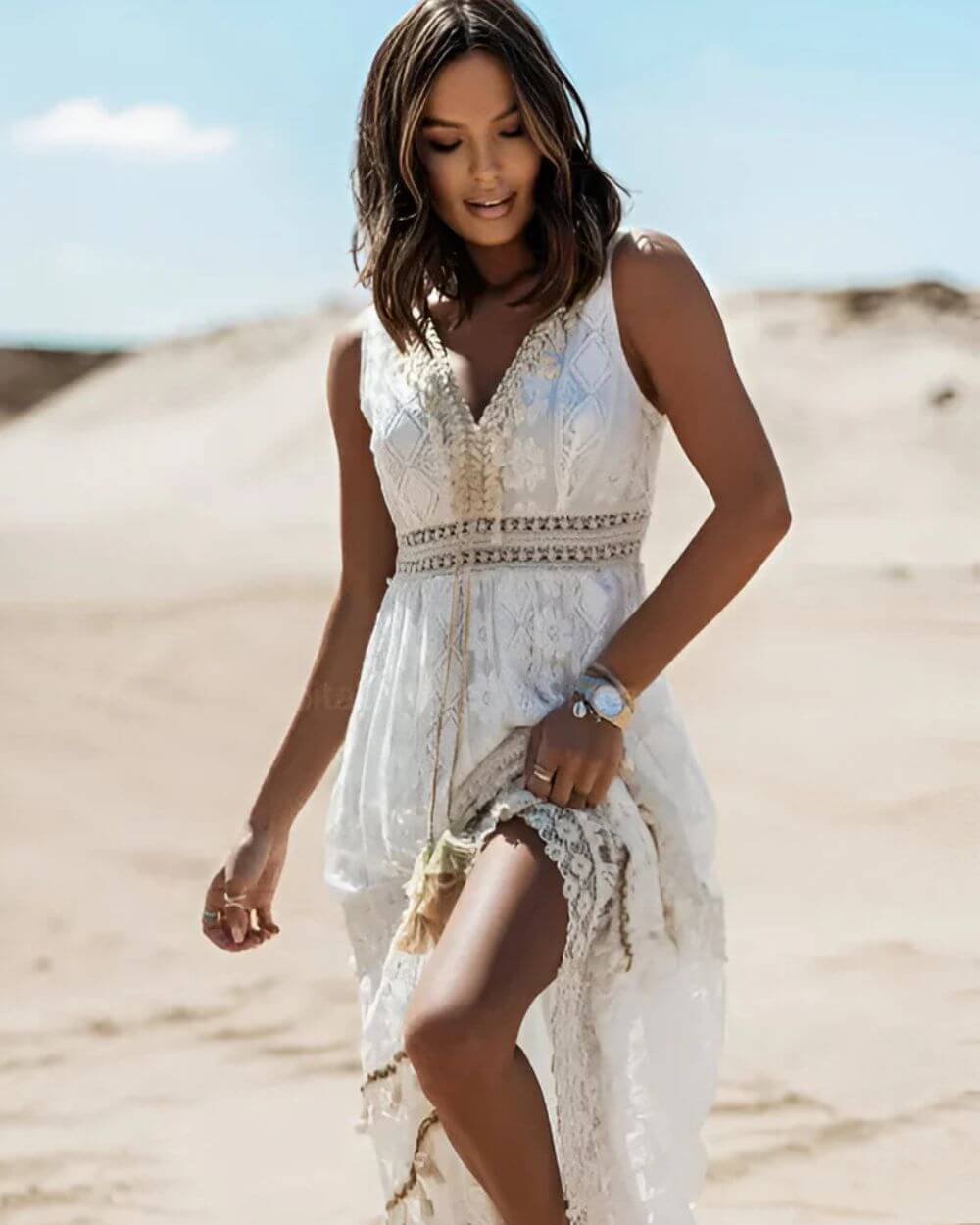 Jooli | White Lace Trim Sleeveless Maxi Dress