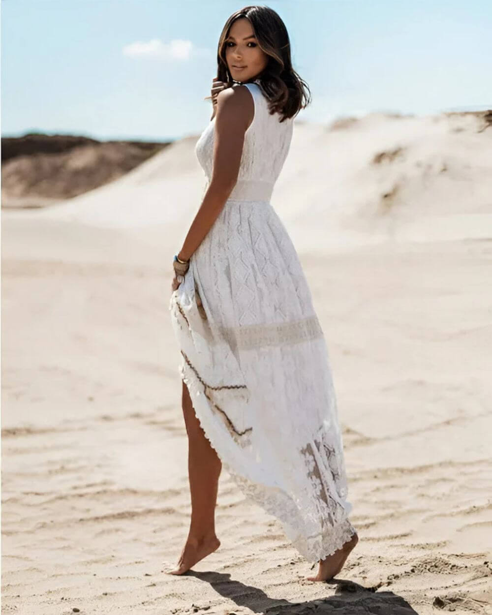 Jooli | White Lace Trim Sleeveless Maxi Dress