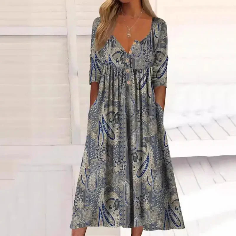 Elles | Floral Print V-Neck Button Midi Dress