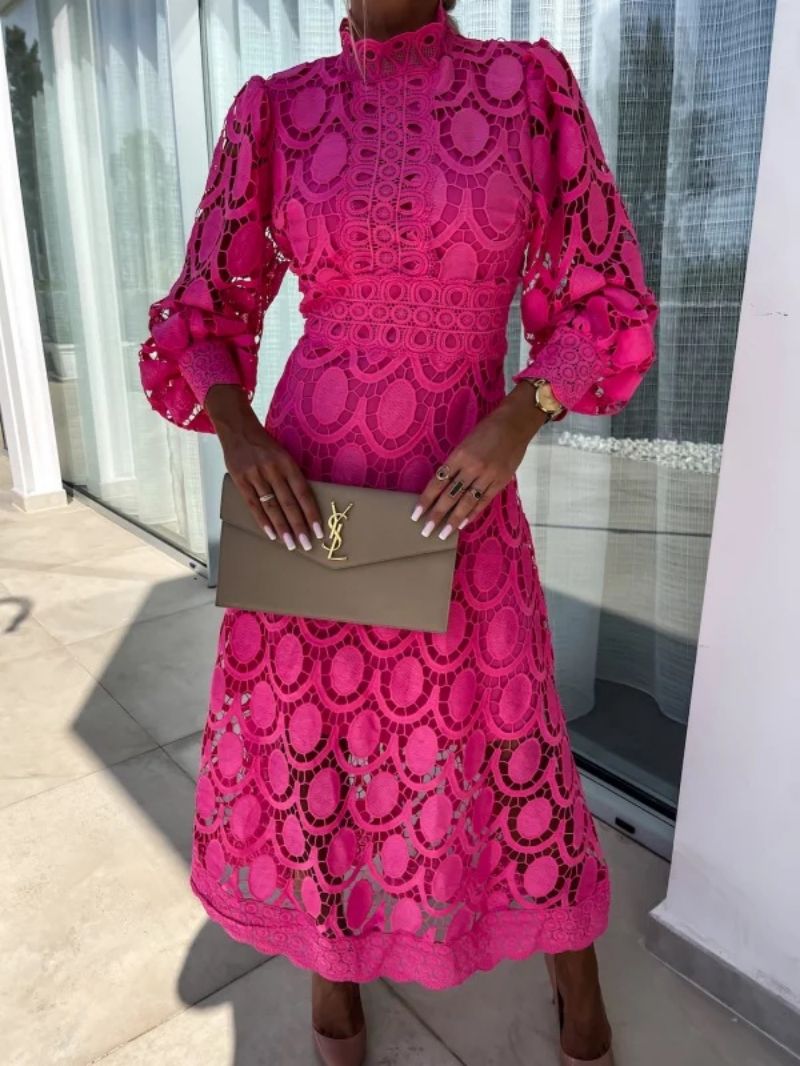 Larena | Fuchsia Long Sleeve Lace Midi Dress
