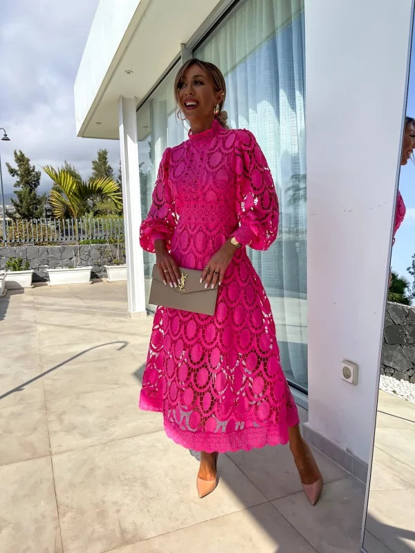 Larena | Fuchsia Long Sleeve Lace Midi Dress