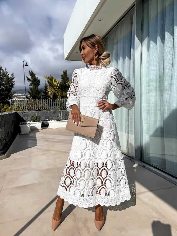 Larena | Fuchsia Long Sleeve Lace Midi Dress
