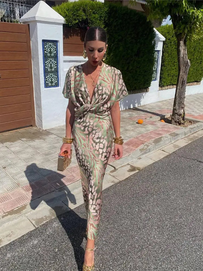 Ieva | Sage Abstract Print Wrap Jumpsuit