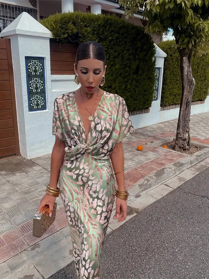 Ieva | Sage Abstract Print Wrap Jumpsuit