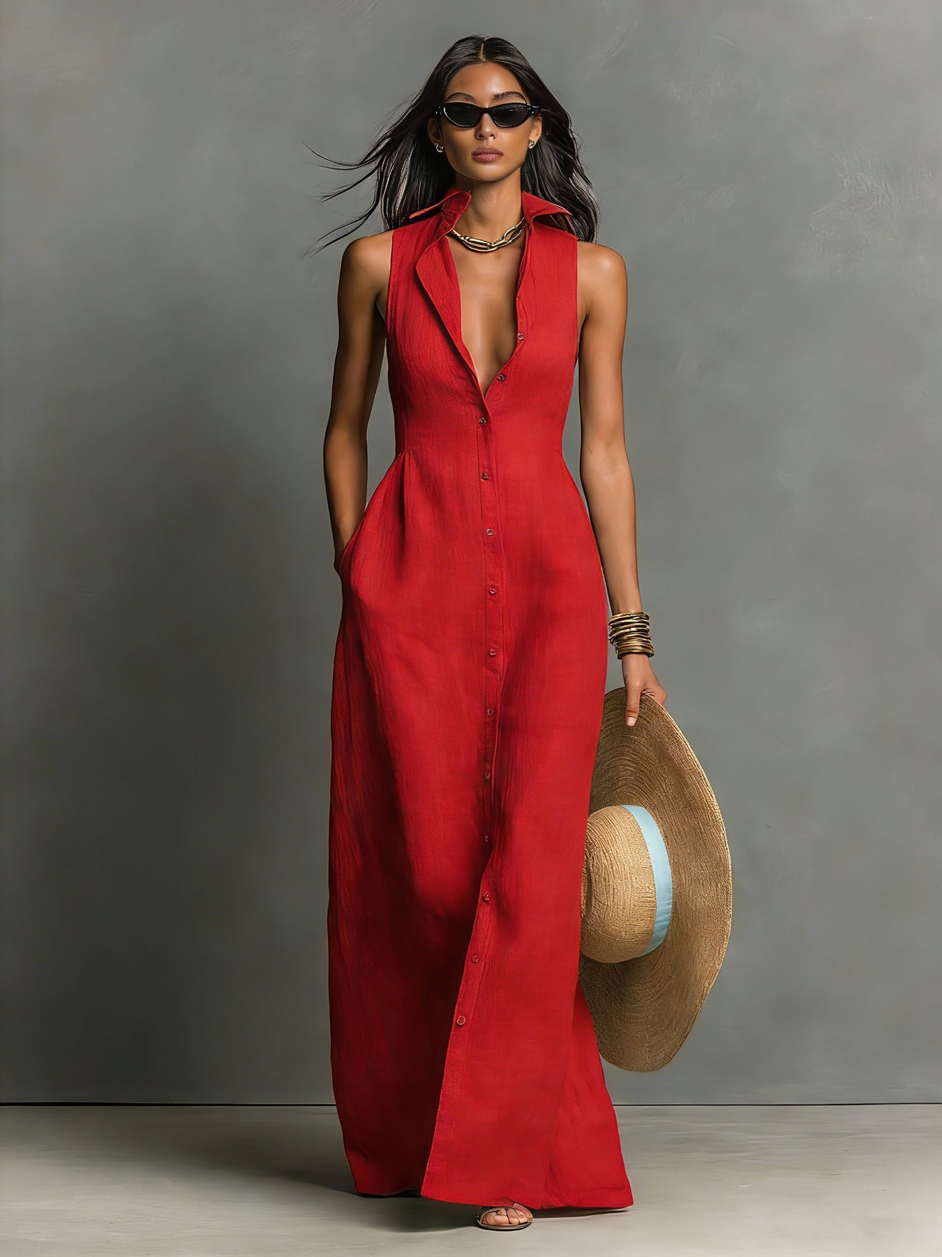 Hani | Sleeveless Collared Button-Front Maxi Dress