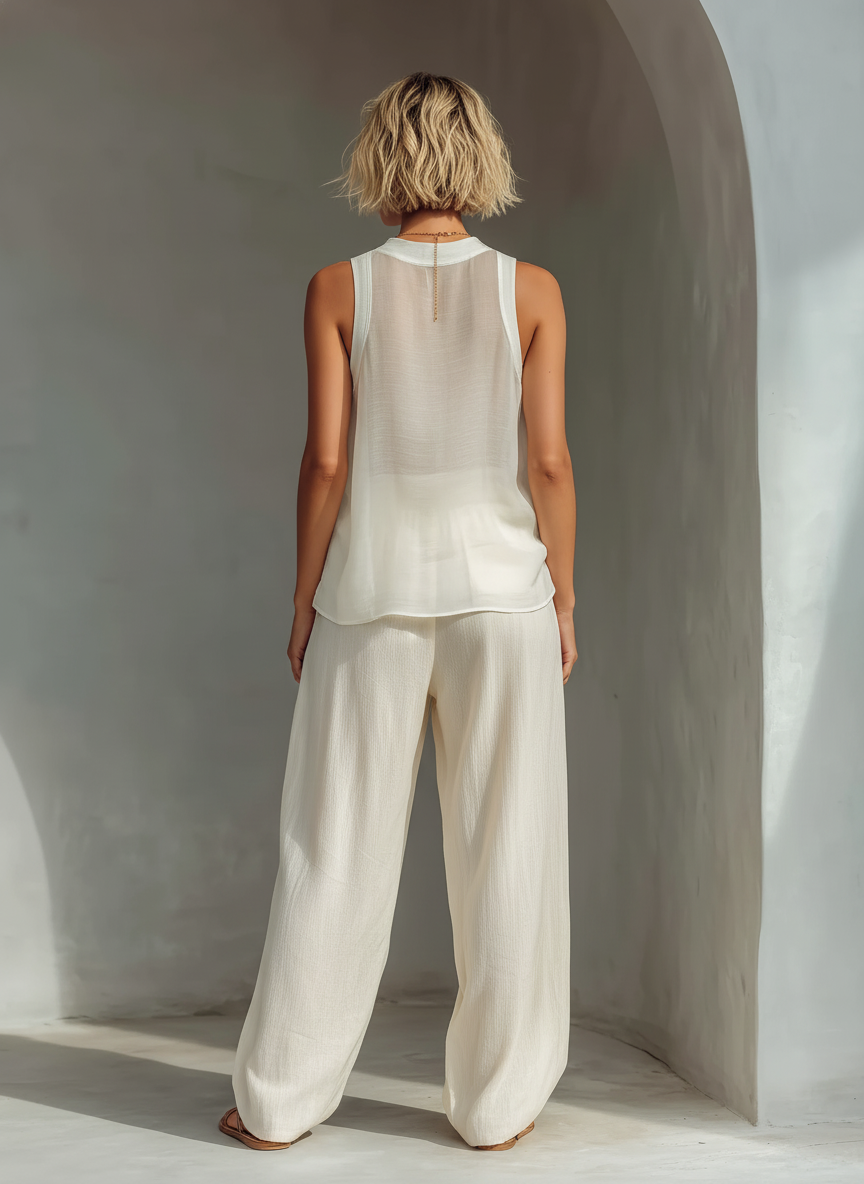 Olivian | Sleeveless Sheer Wide Leg Two piece Set