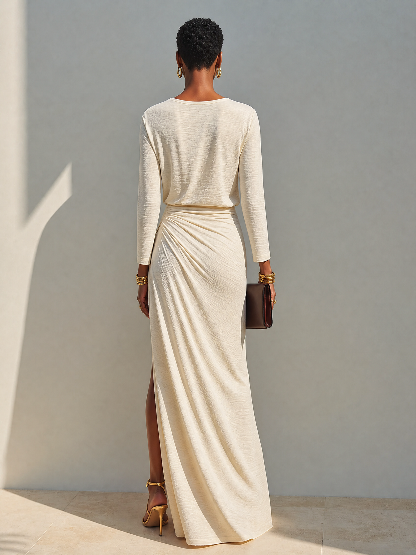 Noeza | Maxi Dress Cream Ruched Long Sleeve