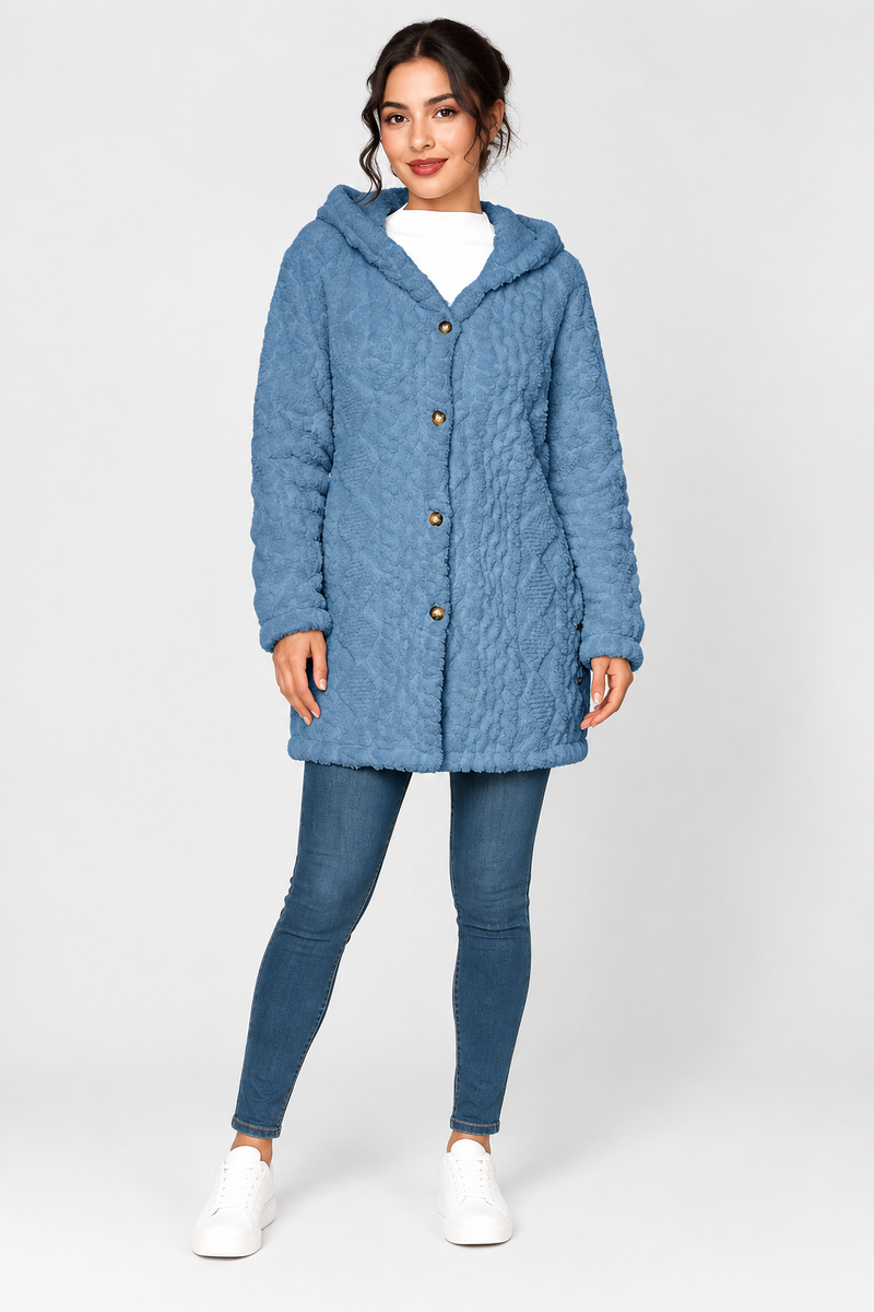 Katherine | Coat Hooded Long Sleeve Button Front Textured