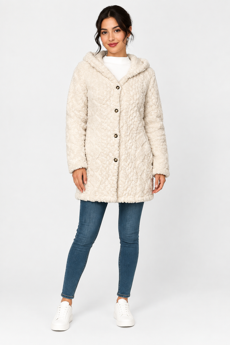 Katherine | Coat Hooded Long Sleeve Button Front Textured