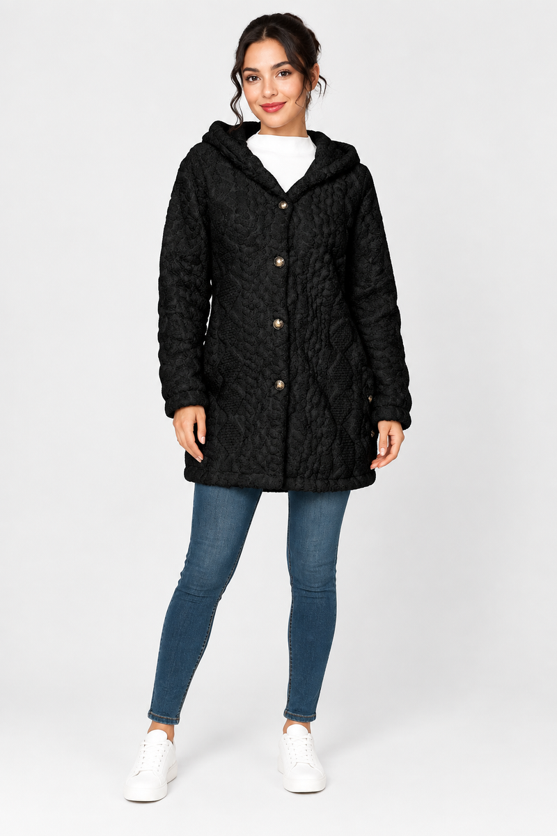 Katherine | Coat Hooded Long Sleeve Button Front Textured