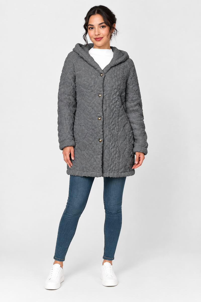 Katherine | Coat Hooded Long Sleeve Button Front Textured