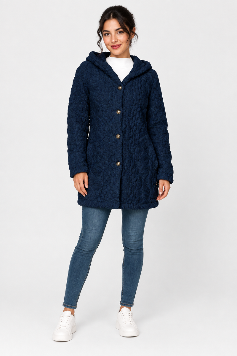 Katherine | Coat Hooded Long Sleeve Button Front Textured